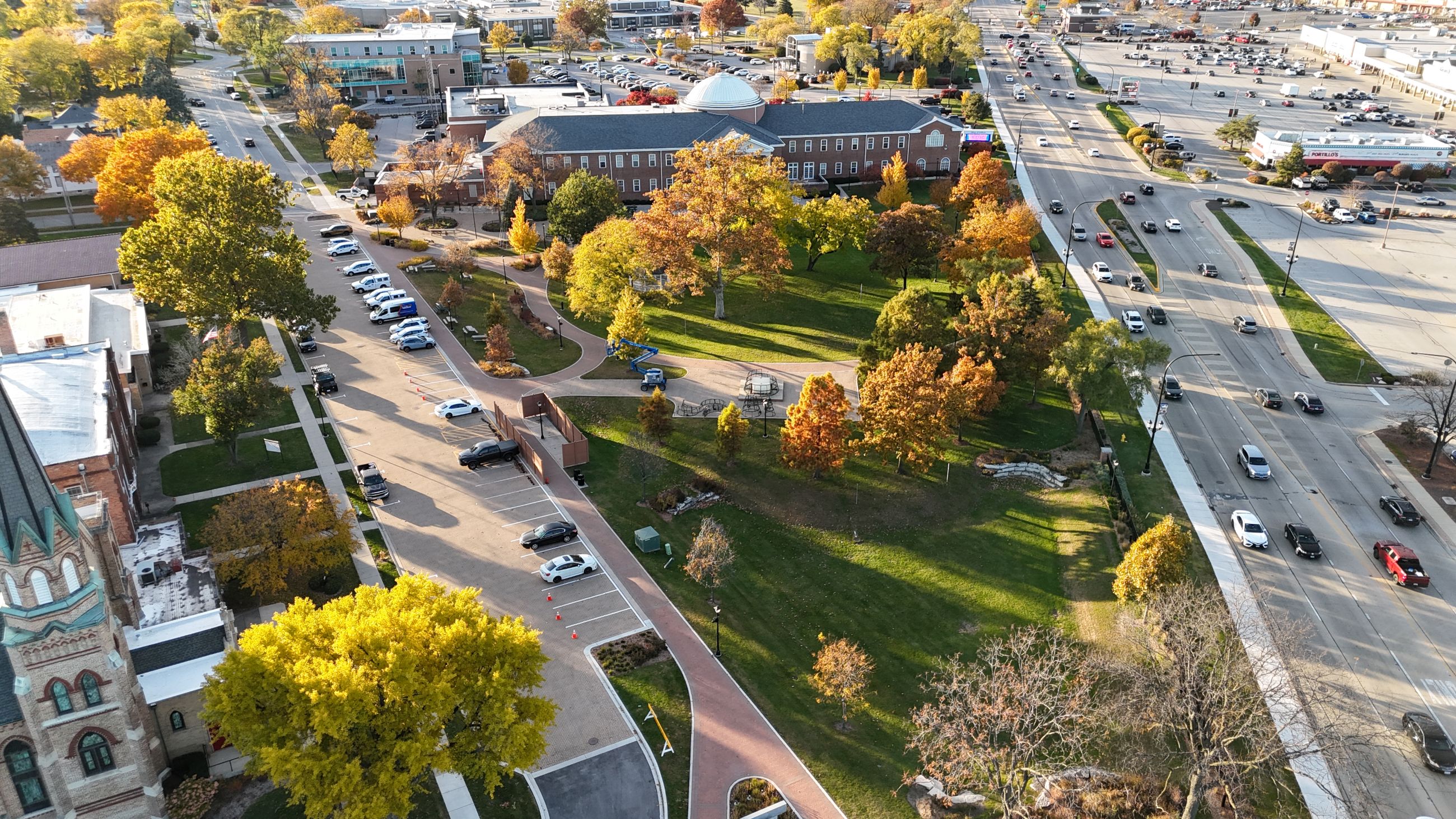Drone shot of the Village Green in the fall
